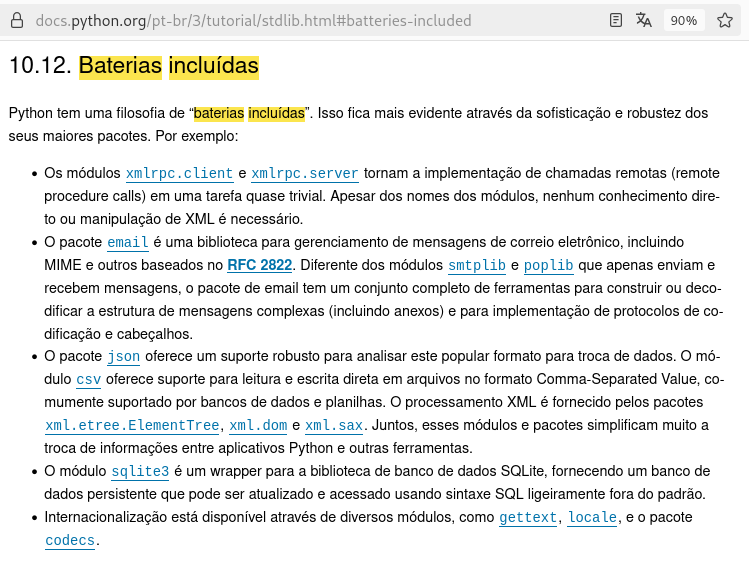 Seção Baterias incluídas do tutorial oficial de Python em português