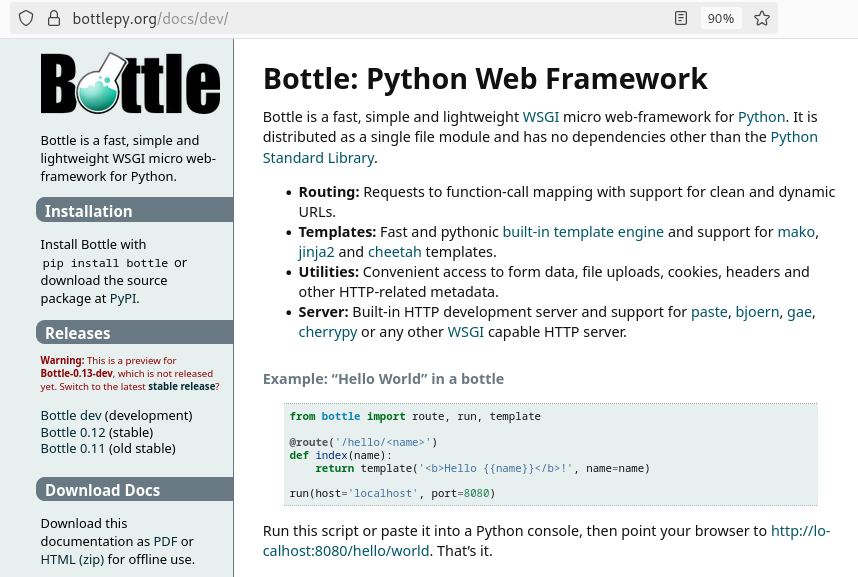 Documentação do micro-framework Python para Web chamado Bottle