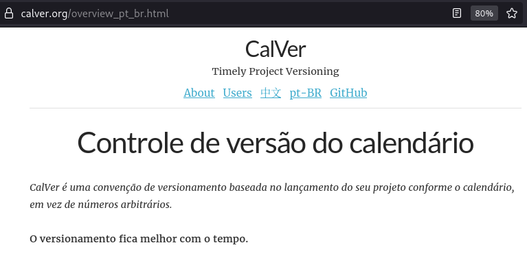 Página sobre controle de versão de calendário - conhecido como CalVer - mencionando amplamente o uso de calendário sem exemplo real