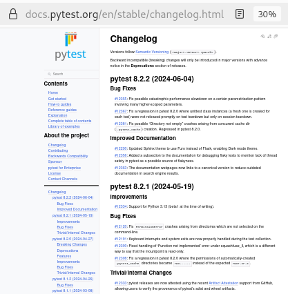 Página com resumo das mudanças de <code>pytest</code>