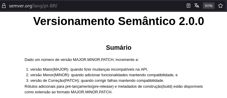 Página sobre versionamento semântico - conhecido como SemVer - destacando a estrutura MAJOR.MINOR.PATCH