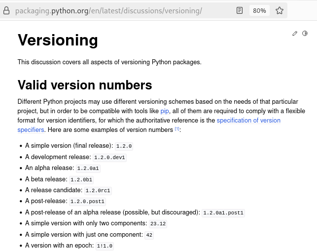 Página sobre versionamento utilizado no contexto de pacotes Python